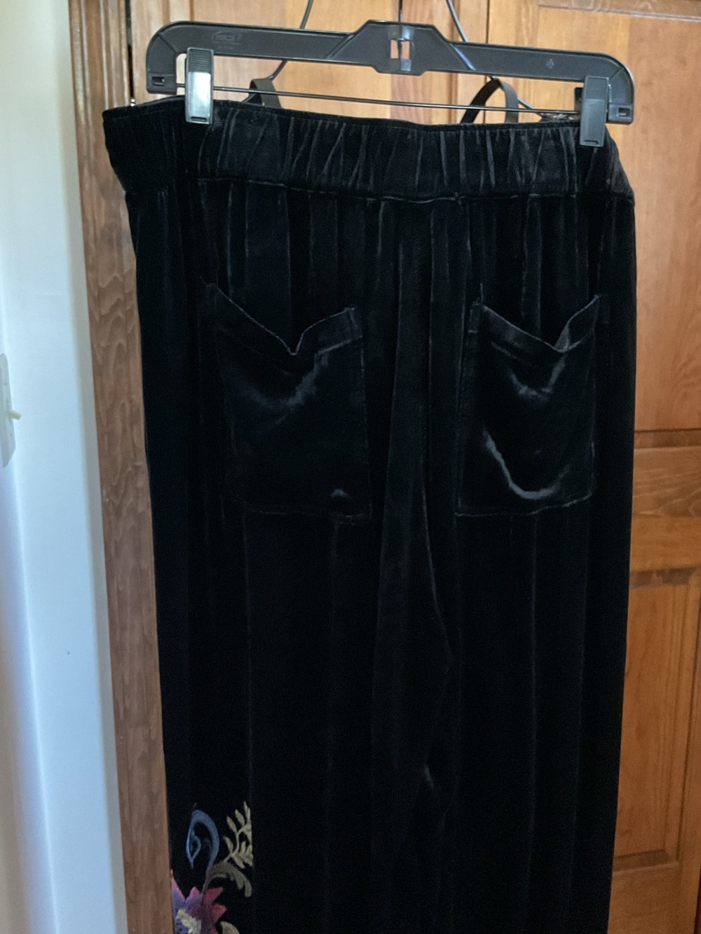 Johnny Was Black Velvet Wide-Leg Pants with Pink & Blue Floral Embroidery, Large - Picture 5 of 9